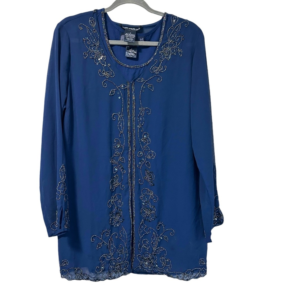 Susan Graver Style Beaded Sheer Cardigan Twinset Women's M Blue Elegant Dress